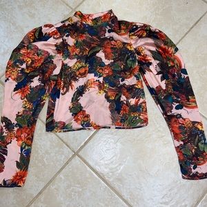 Floral smock-detail satin blouse
